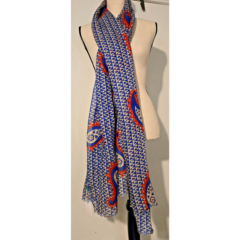 YARNZ Linen Blend Blue Red and Greige Paisley Graphic Shawl/Wrap 28" x 82"